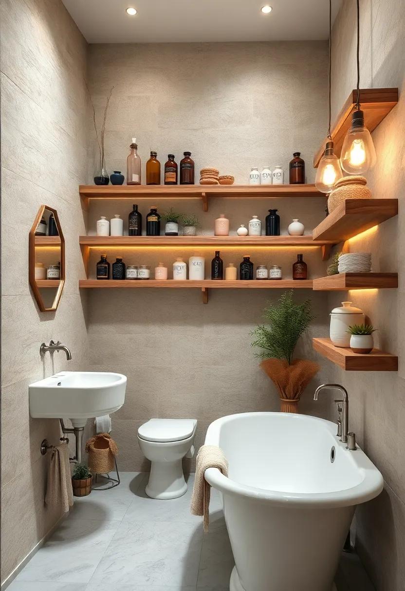 Rustic Wooden Shelves Displaying Antique Bottles and Porcelain Jars in Softly Lit Spaces