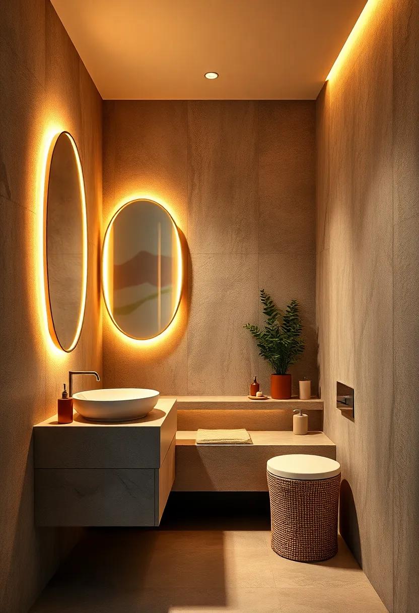 Curved Mirrors with Warm Backlighting Softening Space Perception in Small Bathrooms