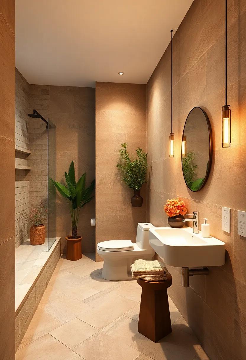 Natural Stone Accents Complementing Warm Hues to Create a Serene Small Bathroom Environment