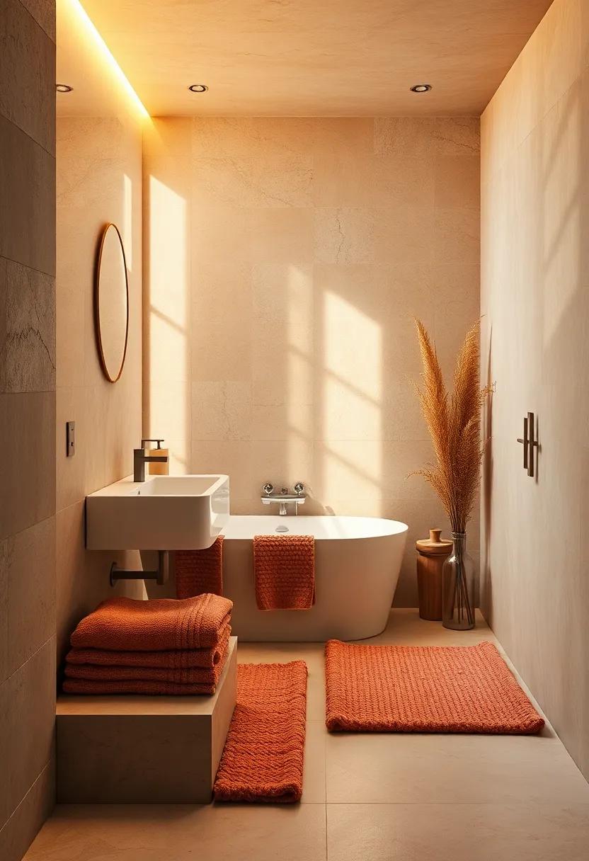 Plush Earthy-Colored Bath Mats and Towels Inviting Relaxation in Limited Bathroom Areas
