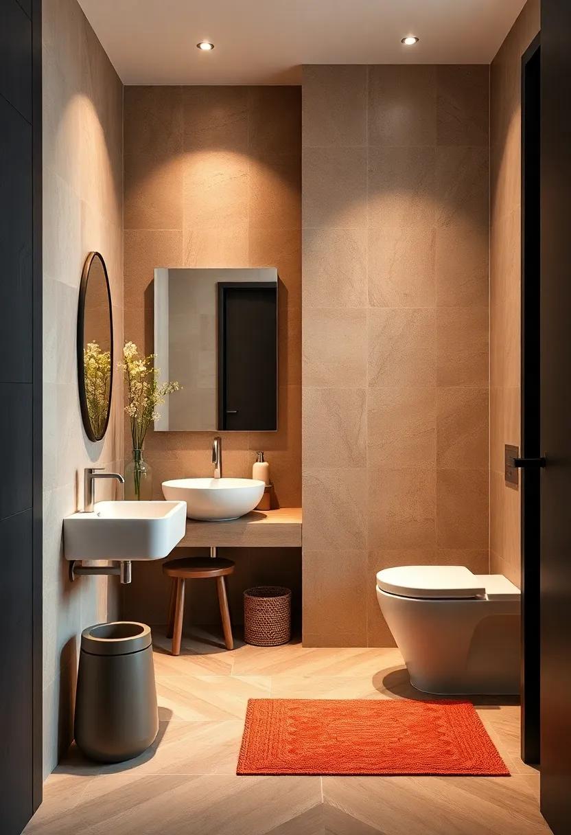 Warm-Toned Wall Textures Adding Depth and Comfort to Compact Bathroom Spaces