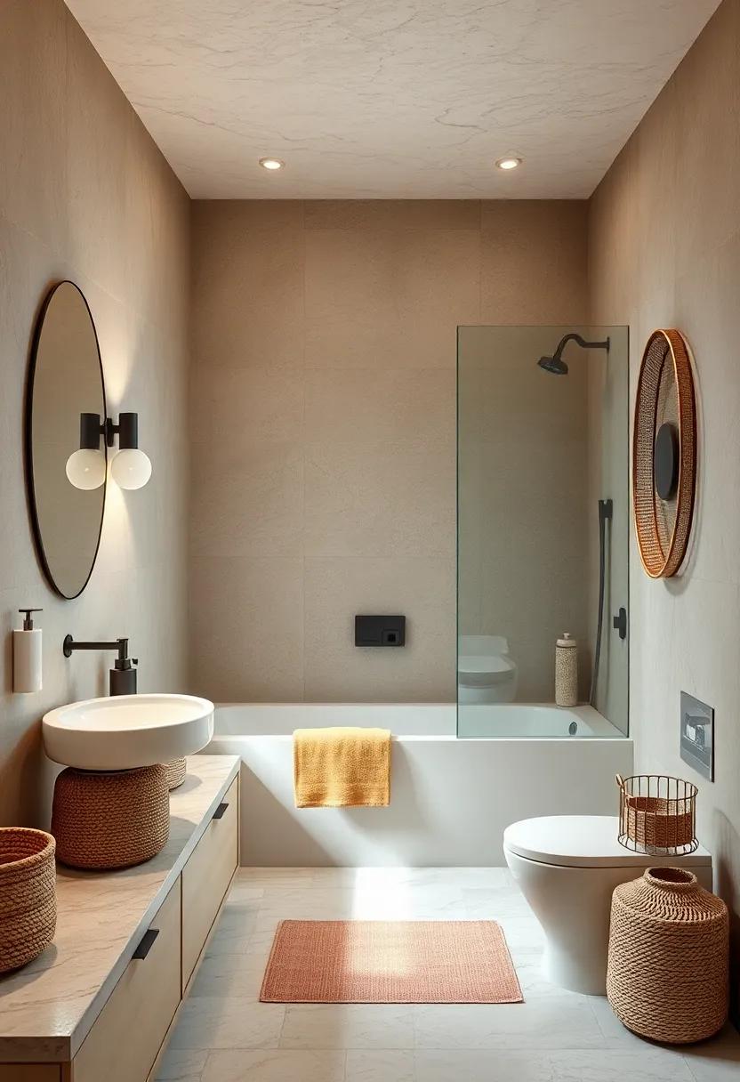 Woven Baskets and Organic Textures Enhancing the Warm Theme in Petite Bathrooms