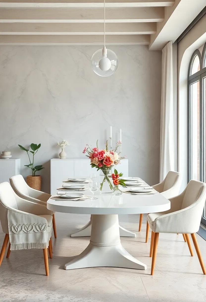 Delicate Floral Arrangements Complementing a Crisp White Dining Table Ambiance