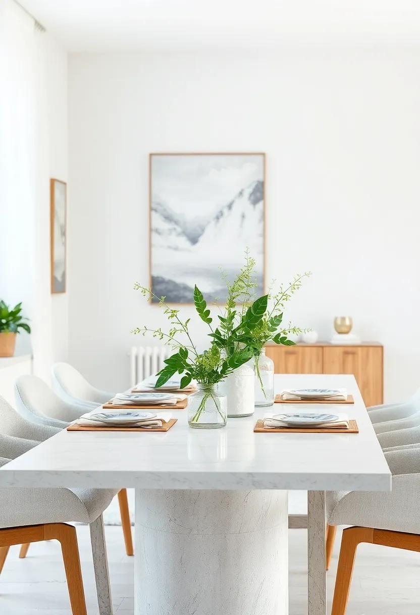 Fresh Greenery in Simple Vessels Adding Harmony to a White Dining Environment