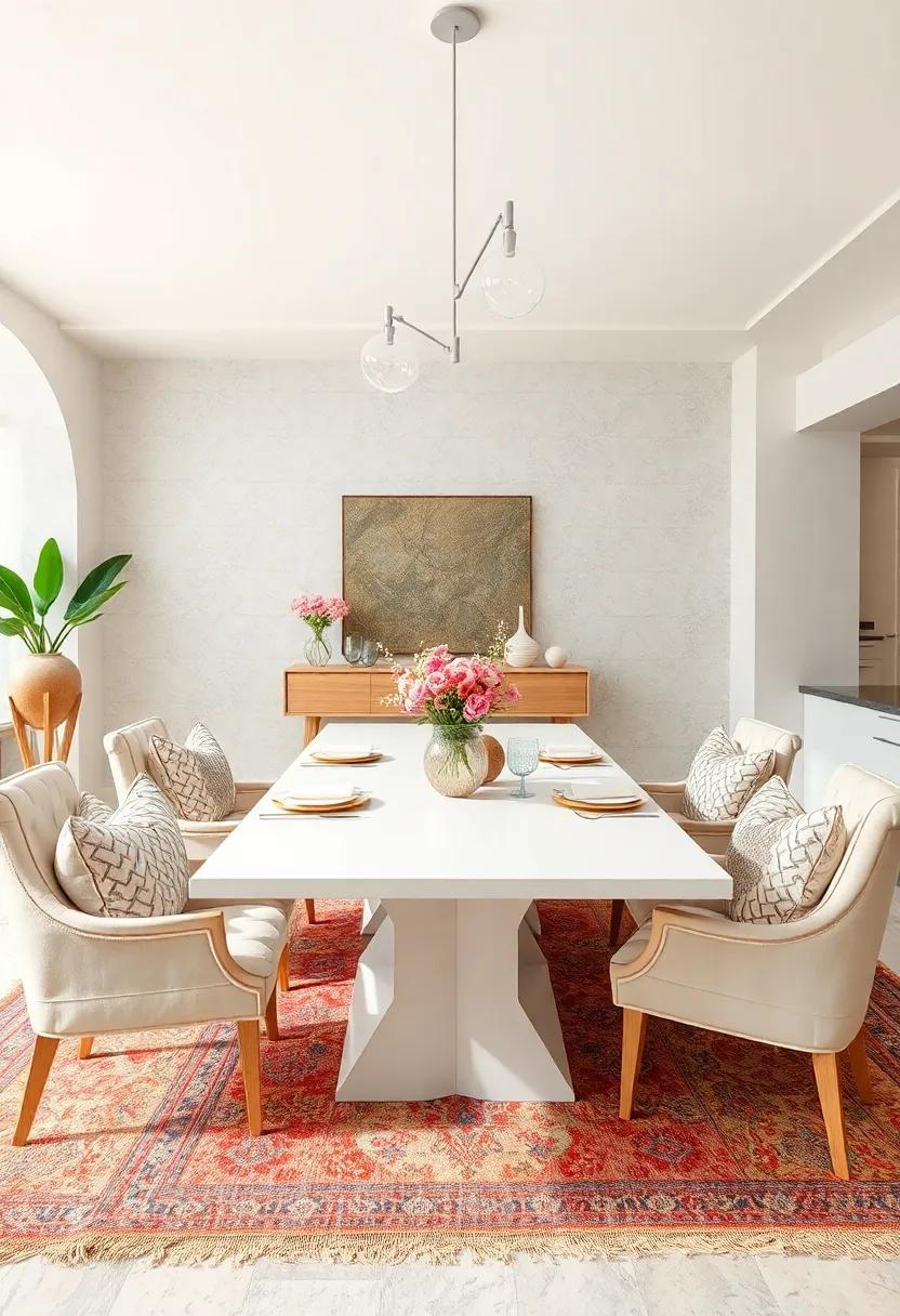 Layered Textures in Cushions and Rugs Creating Depth Around a White Table