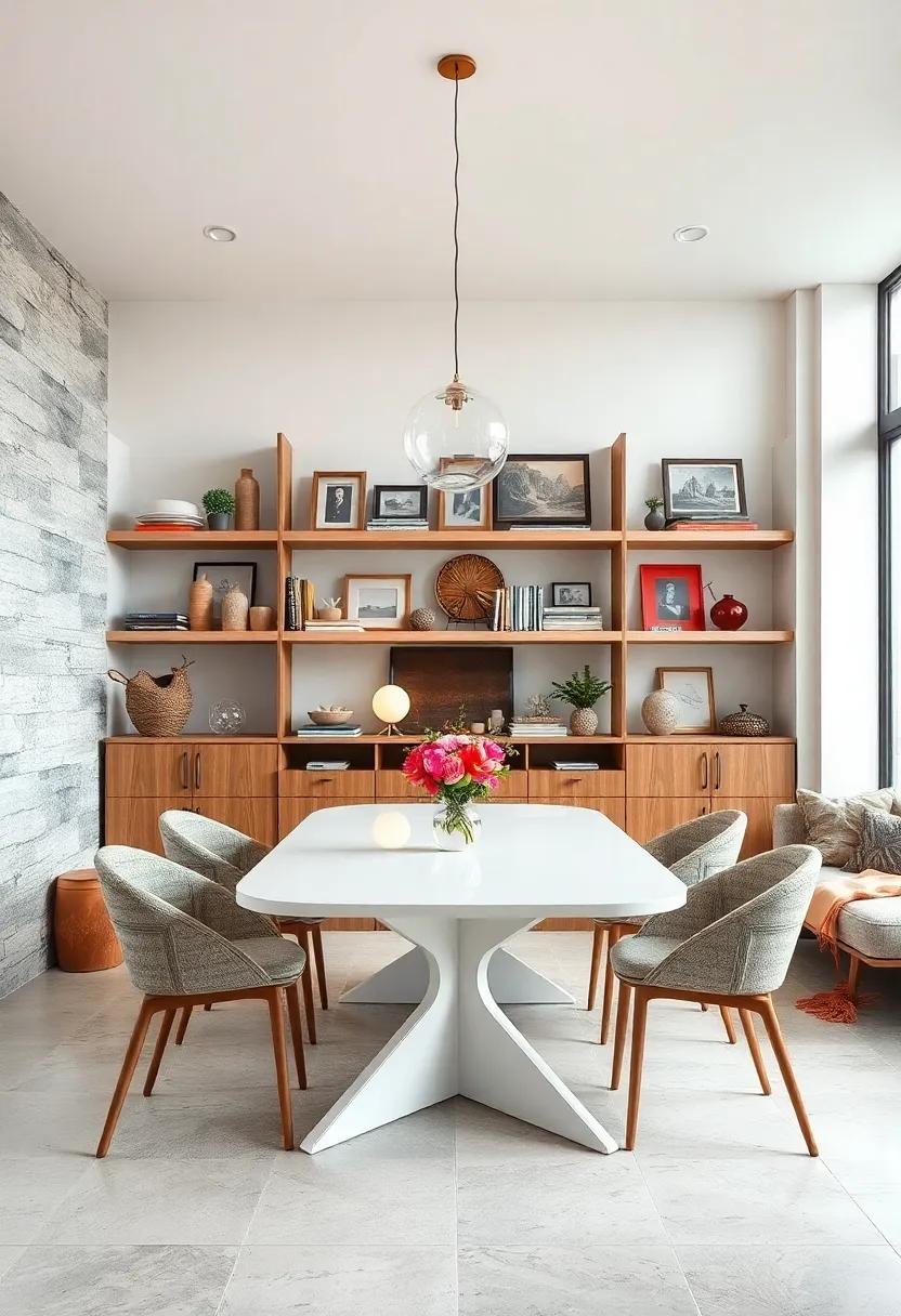 Open Shelves Displaying Curated Collections That Complement a White Dining Table