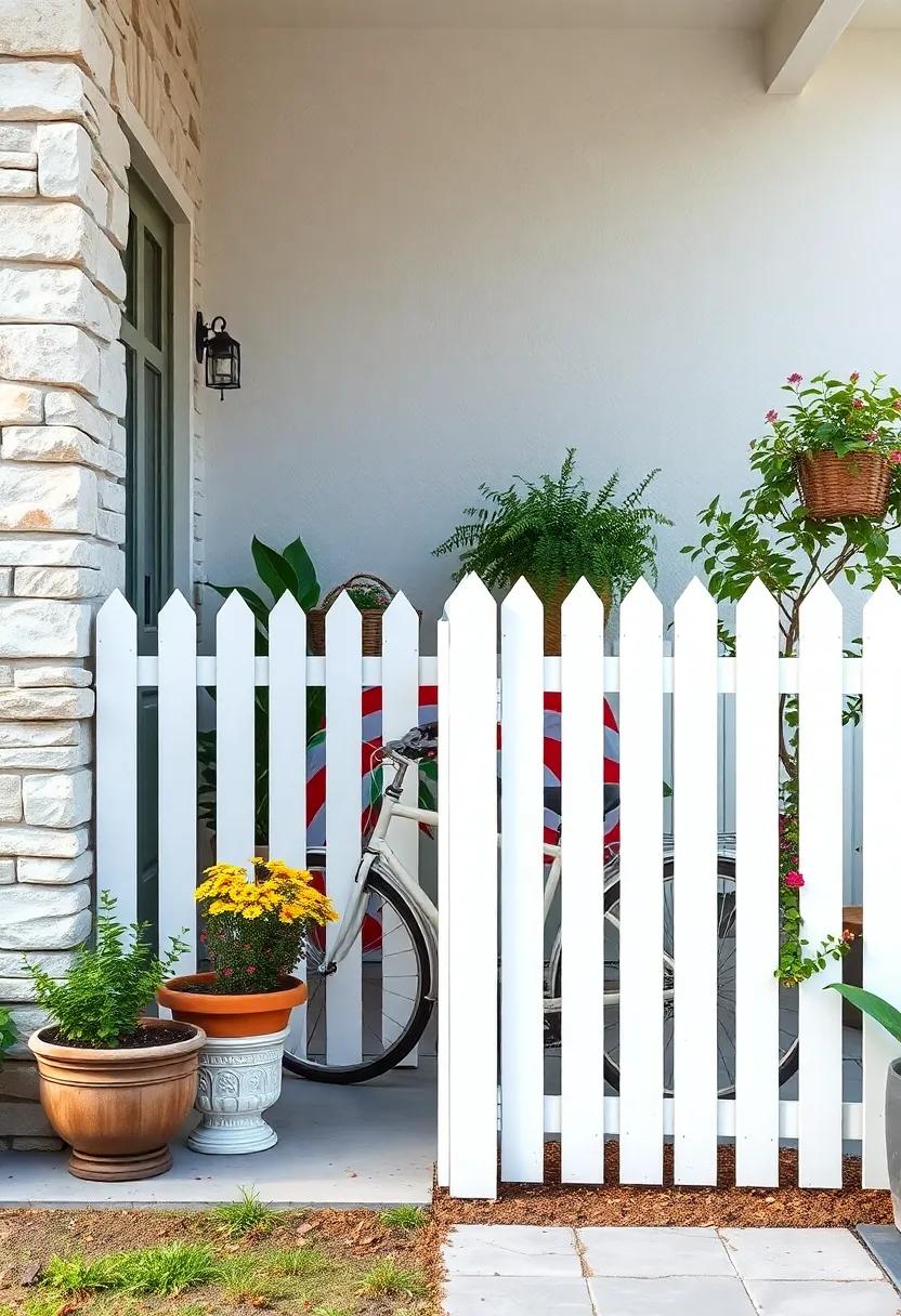Rustic White Picket Fence Blending Seamlessly with a Vintage Bicycle and Flower Pots