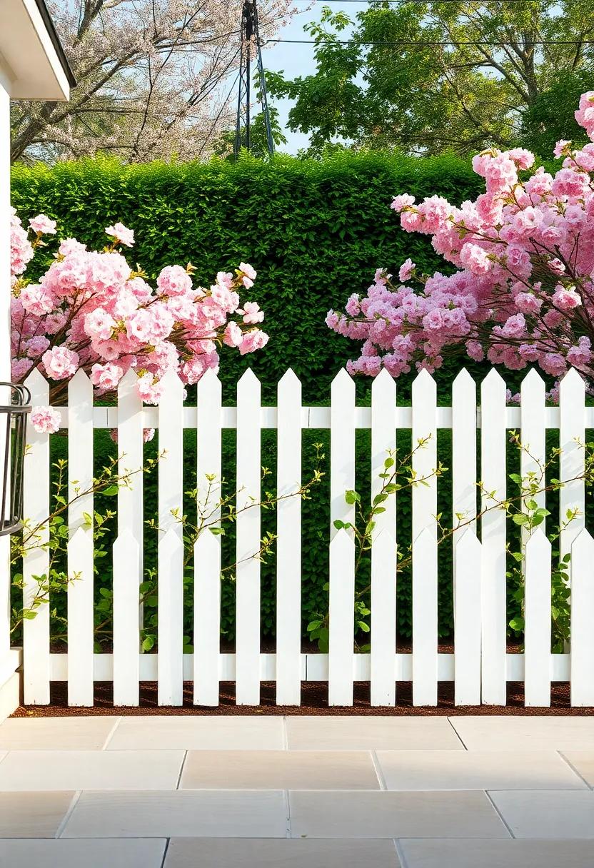 Bright White Picket Fence Against a Backdrop of Blooming Cherry Blossoms and Soft Green Hedges