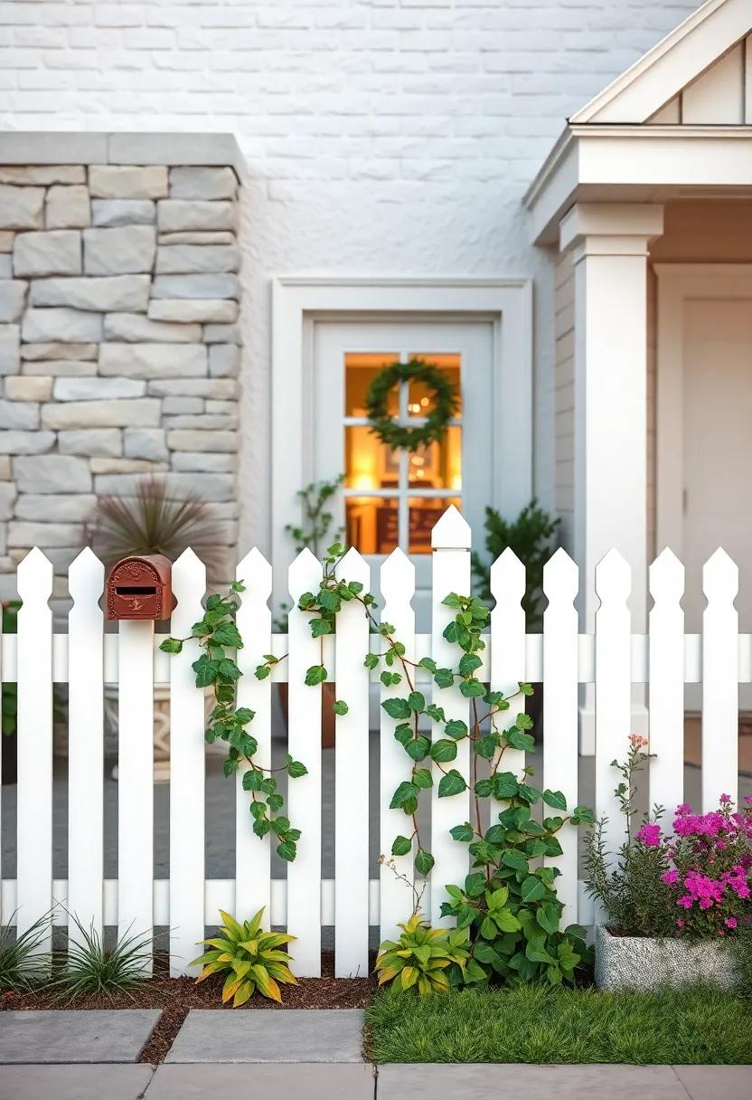 Quaint Front Yard Featuring a White Picket Fence and a Vintage Mailbox Covered in Vines