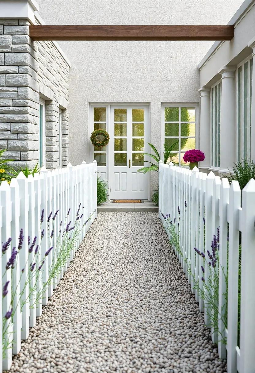 Serene White Picket Fence Lining a Gravel Pathway Surrounded by Lavender and Herb Gardens