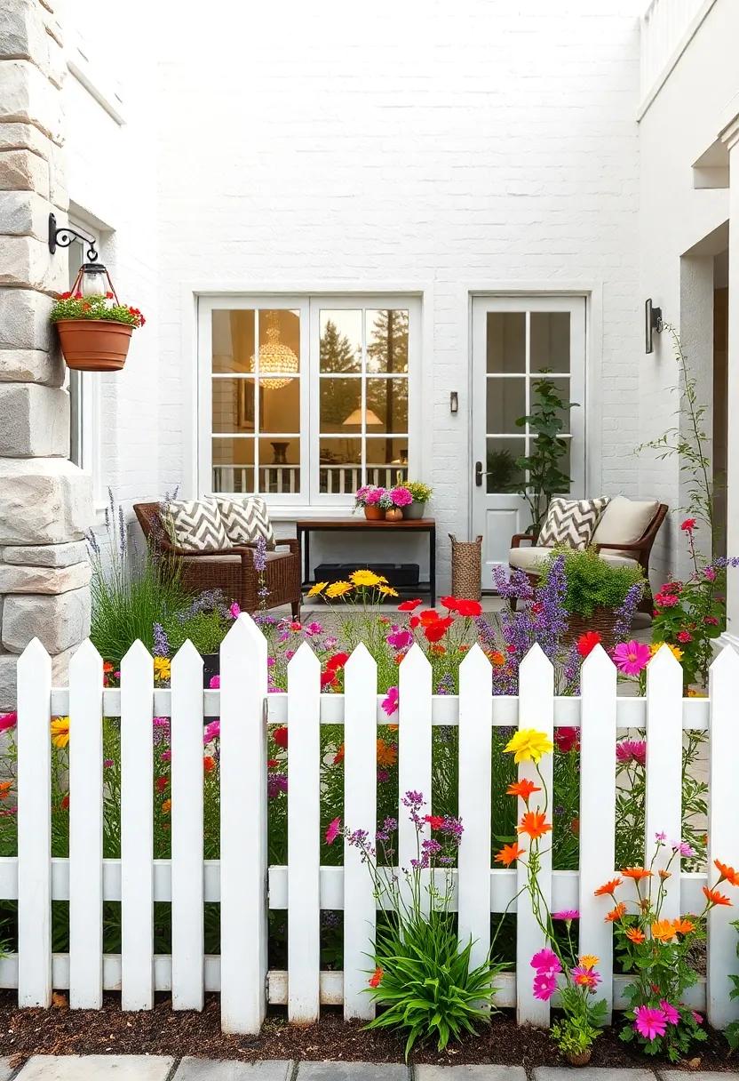 Charming White Picket Fence Surrounding a Colorful Mix of Wildflowers and Native Plants