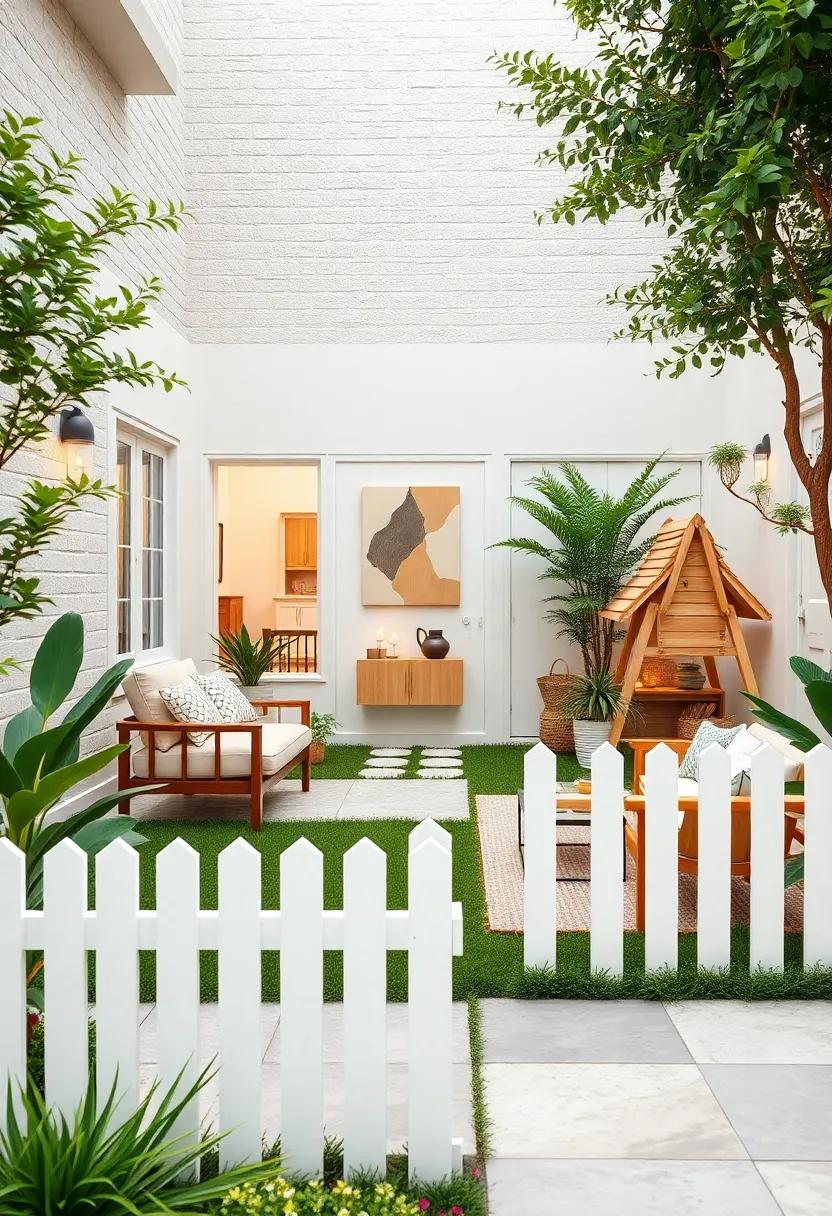 Playful Front Garden Scene with a White Picket Fence and Children's Wooden Play Structures