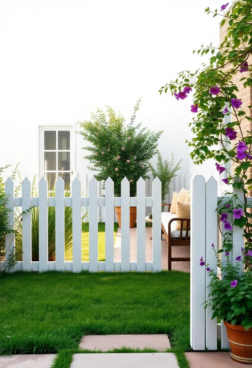 Bright Morning Scene with a White Picket Fence, Dew-Kissed Grass, and Morning Glories Climbing