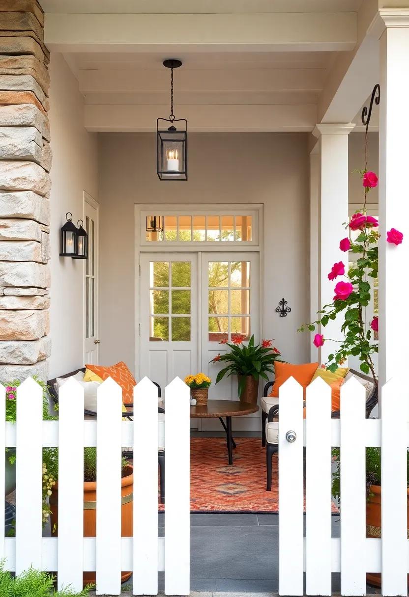 Whimsical White Picket Fence Accented by Hanging Lanterns and Climbing Roses
