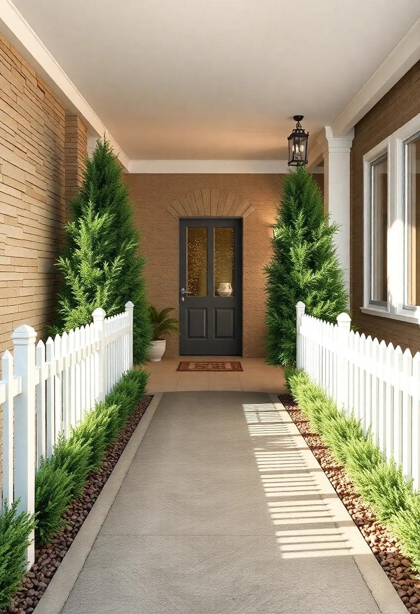 Inviting Pathway Flanked by a White Picket Fence and Symmetrical Evergreen Shrubs