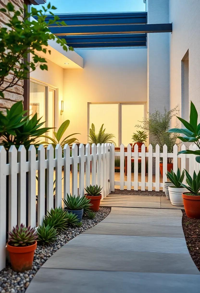 Chic Urban Garden Setting with a Sleek White Picket Fence and Potted Succulents Along the Path