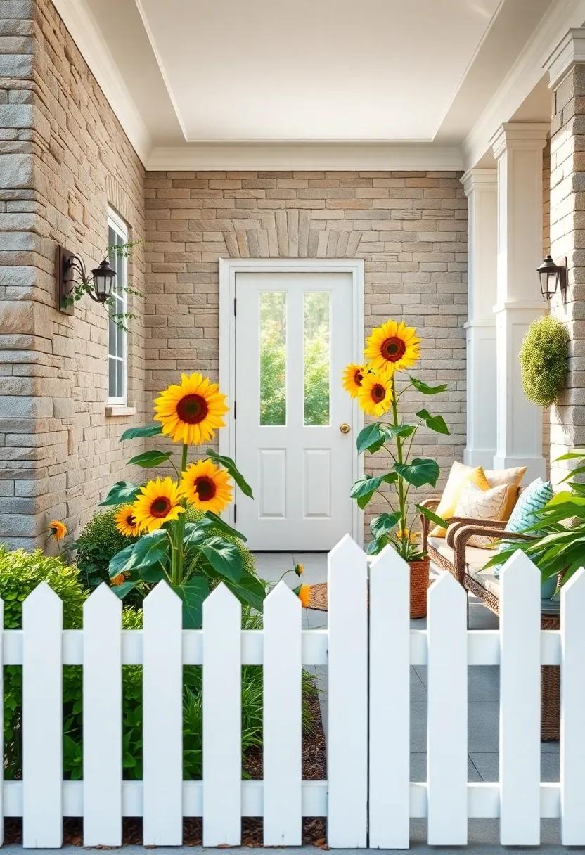 Bright and Cheerful Front Yard with a White Picket Fence and Sunflowers Towering Near the Gate