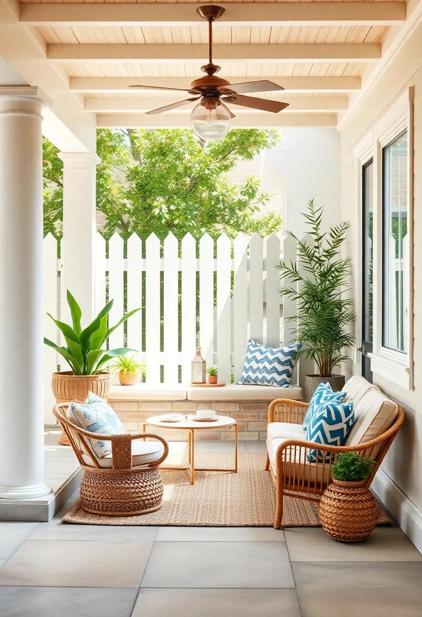 Sunlit Front Yard with a White Picket Fence Backdrop and a Cozy Window Seat Nook