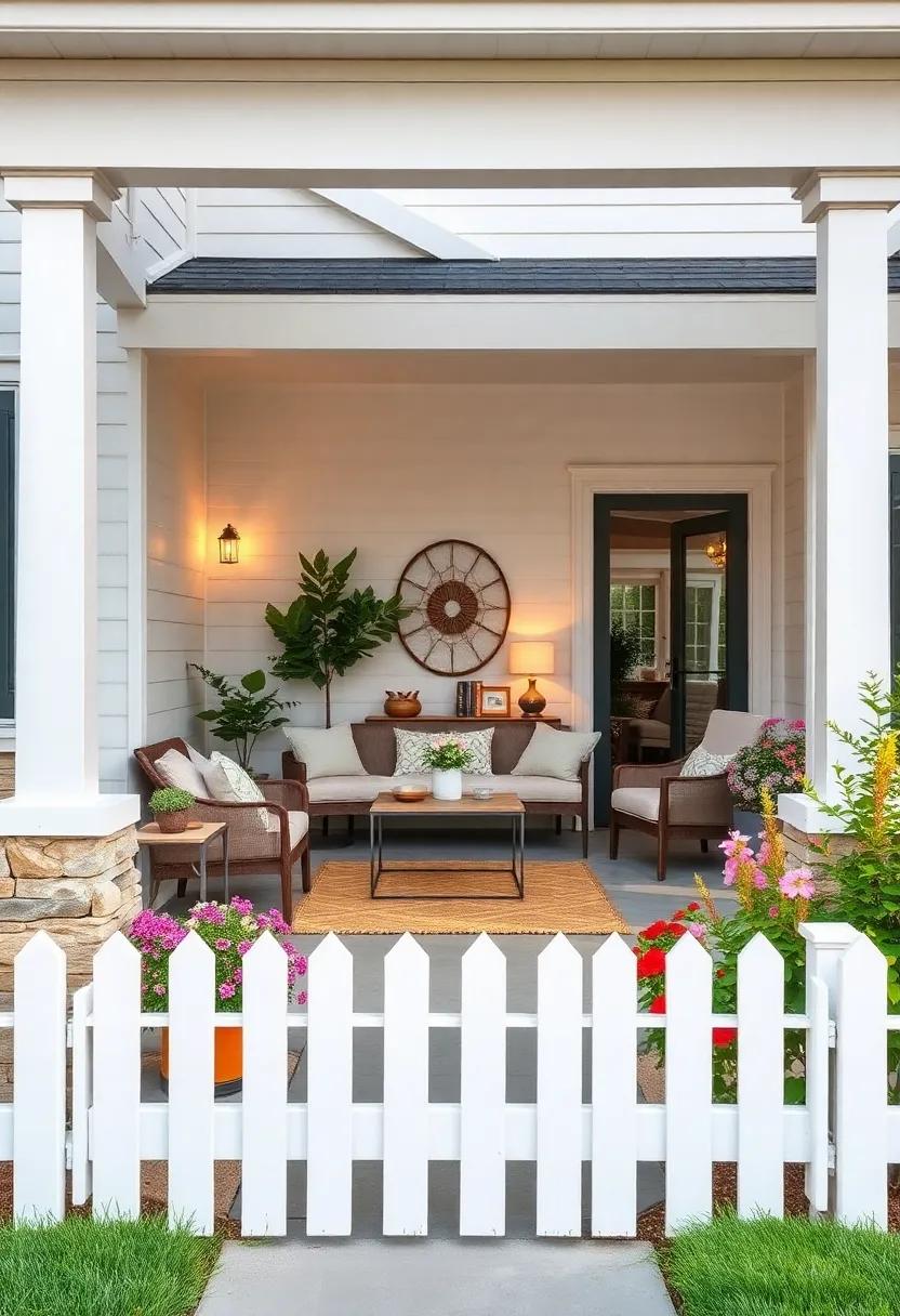 Classic Cottage Front Yard Featuring a Crisp White Picket Fence and Blooming Garden Beds