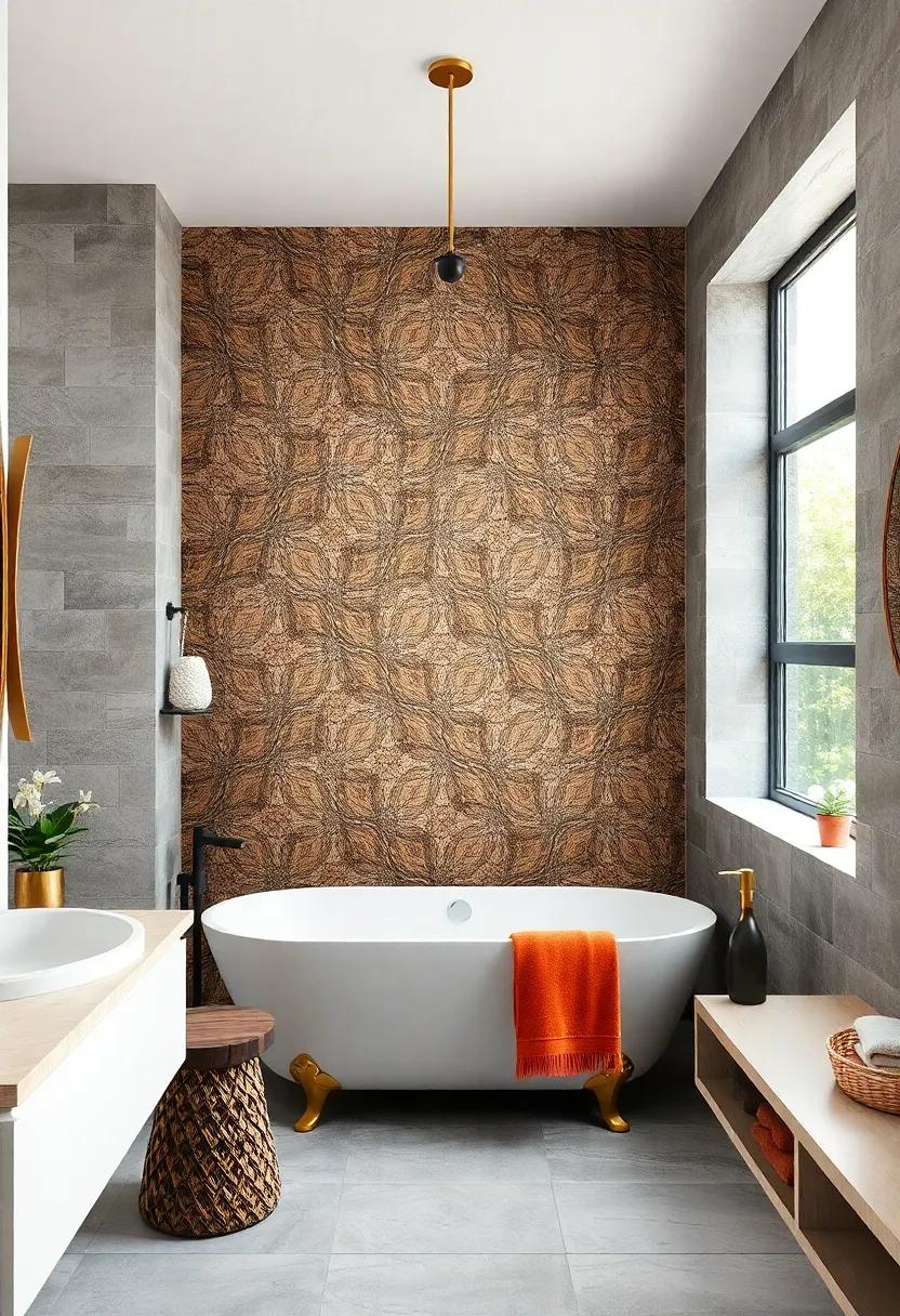 Boho Fusion Bathroom With A Stylish Tub Against A Backdrop Of Bold Patterned Wallpaper And Gold Detailing