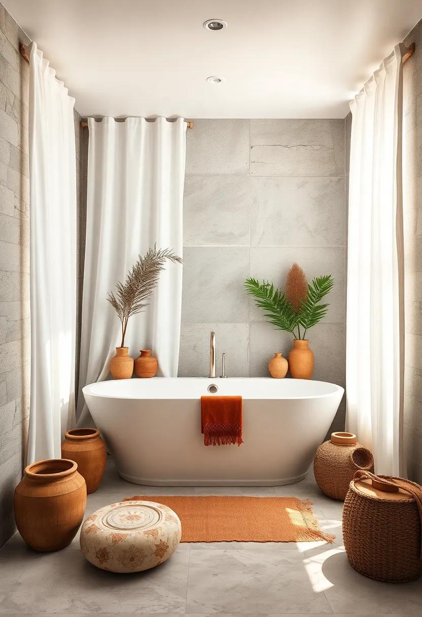 Bright Boho Bathroom Featuring A Tub Surrounded By Flowing Sheer Curtains And Vintage Ceramics