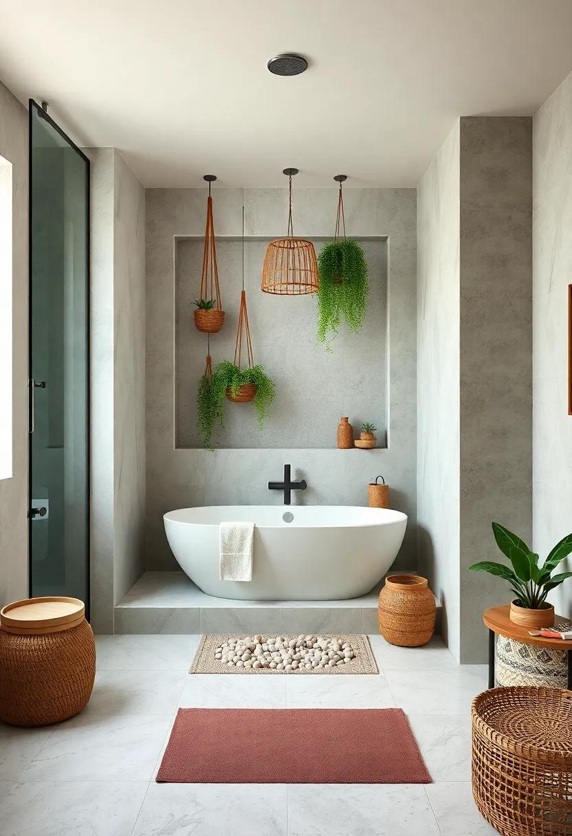 Calming Boho Bathroom Featuring A Tub Embedded In A Pebbled Niche Surrounded By Hanging Plants
