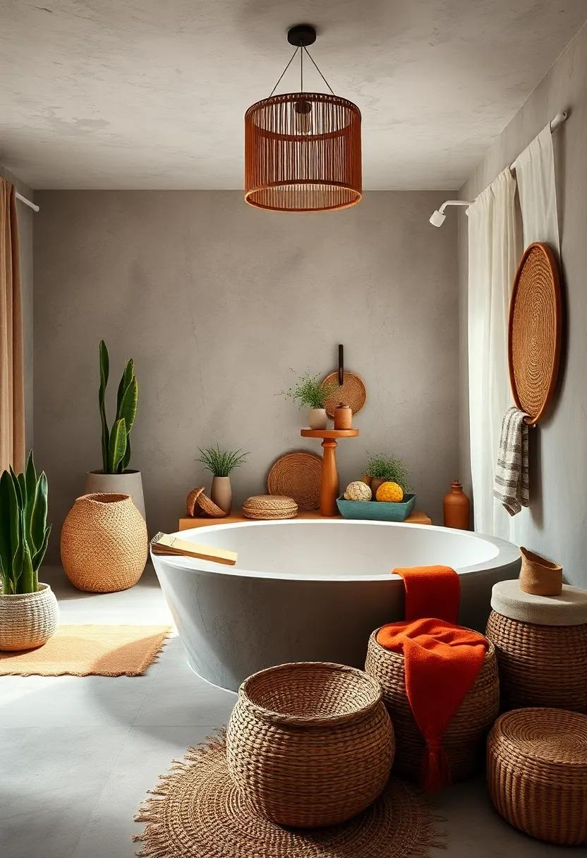 Earthy-Boho Bathroom Escape With A Stone Tub And An Array Of Handwoven Baskets And Textiles