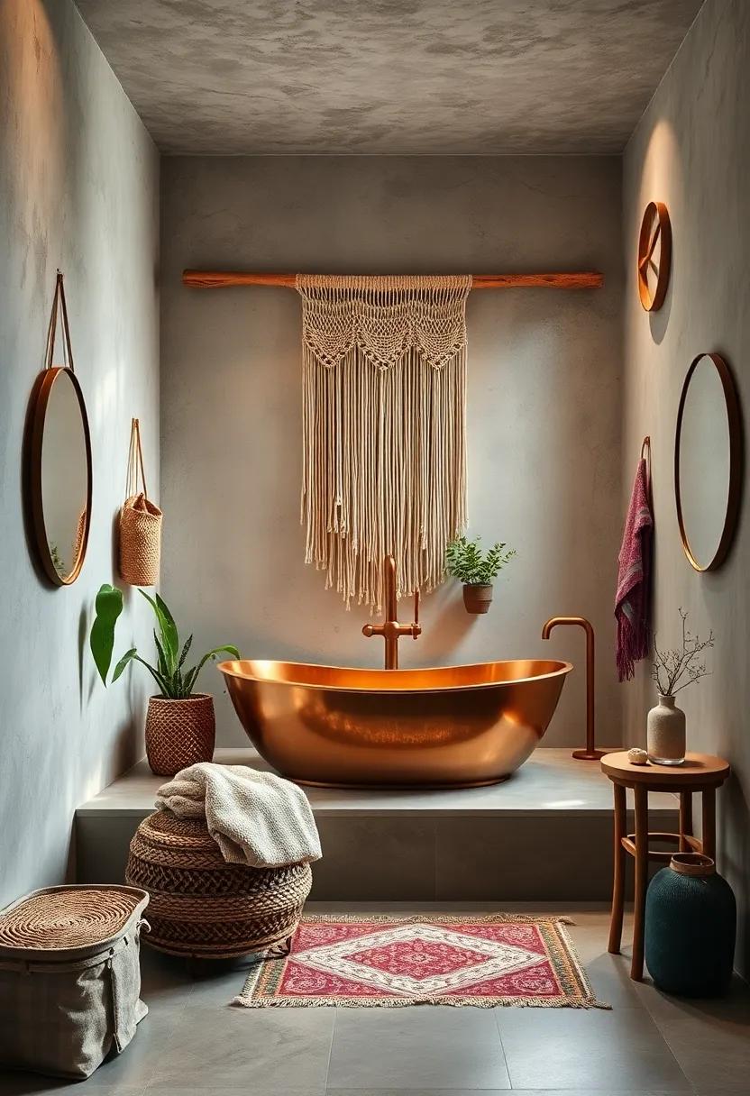 Eclectic Boho Bathroom Oasis Showcasing A Statement Copper Tub Against A Backdrop Of Macramé Wall Hangings