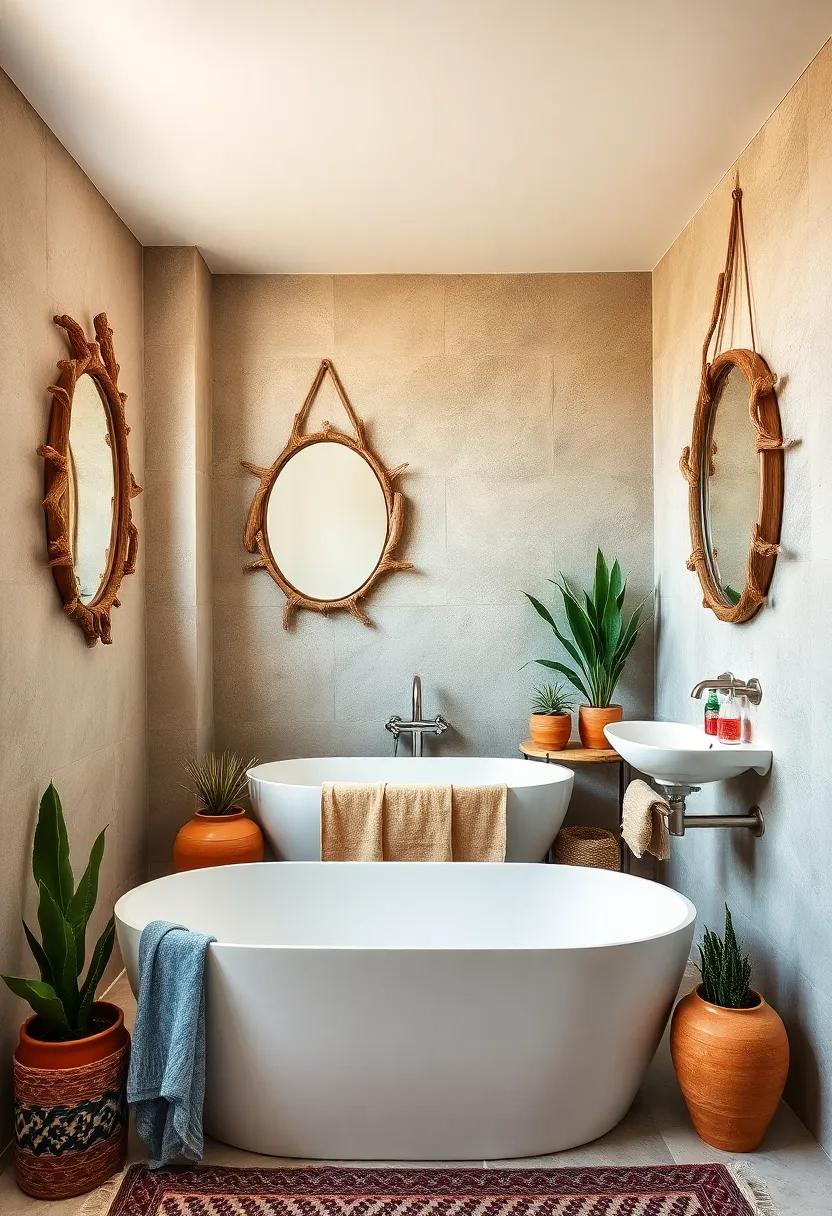 Inviting Boho Bathroom Space With A Tub Surrounded By Driftwood Mirrors And Terracotta Pots