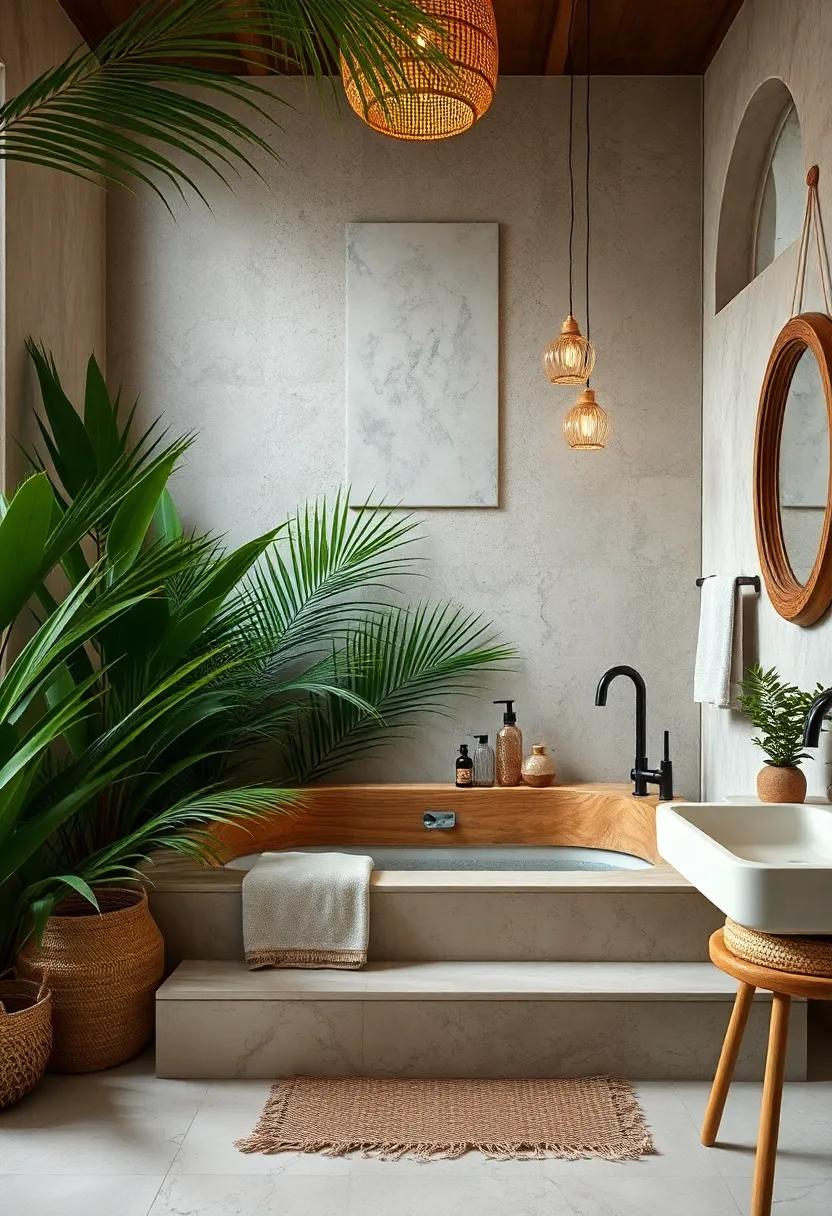 Lush Tropical Boho Bathroom With A Wooden Tub Set Among Palm Leaves And Natural Fiber Towels