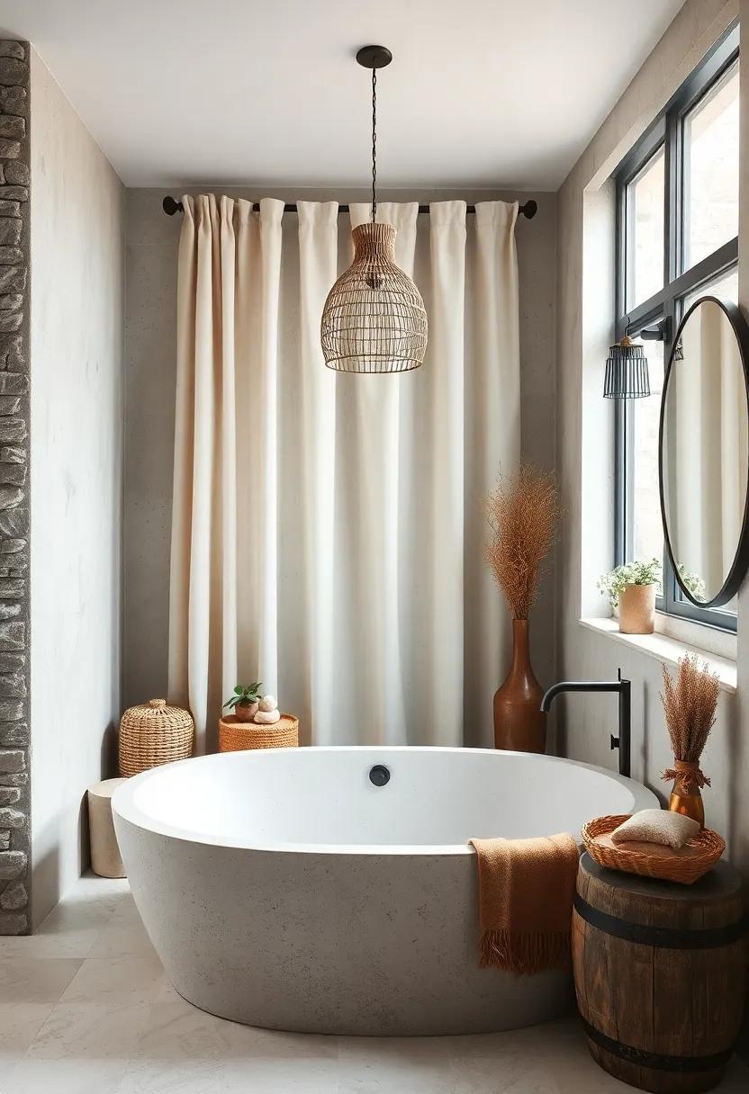 Muted-Tone Boho Bathroom Centered Around A Concrete Tub And A Mix Of Linen Drapes And Leather Accents