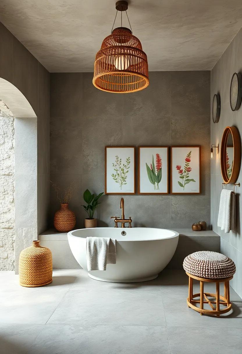 Serene Bathroom With A Round Tub Centered Below A Hanging Wicker Light Fixture And Botanical Prints