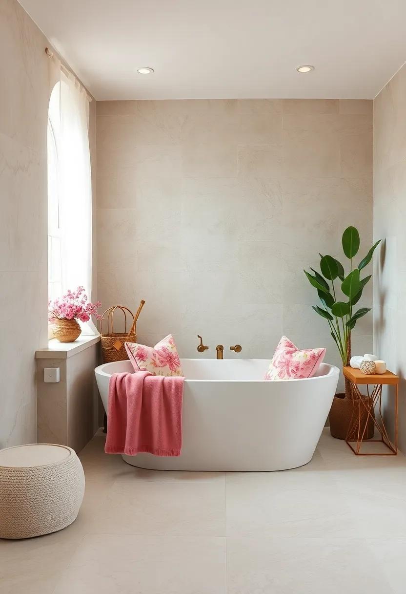 Soft Pastel-Boho Bathroom Featuring A Curved Tub With Delicate Floral Prints And Velvet Cushions