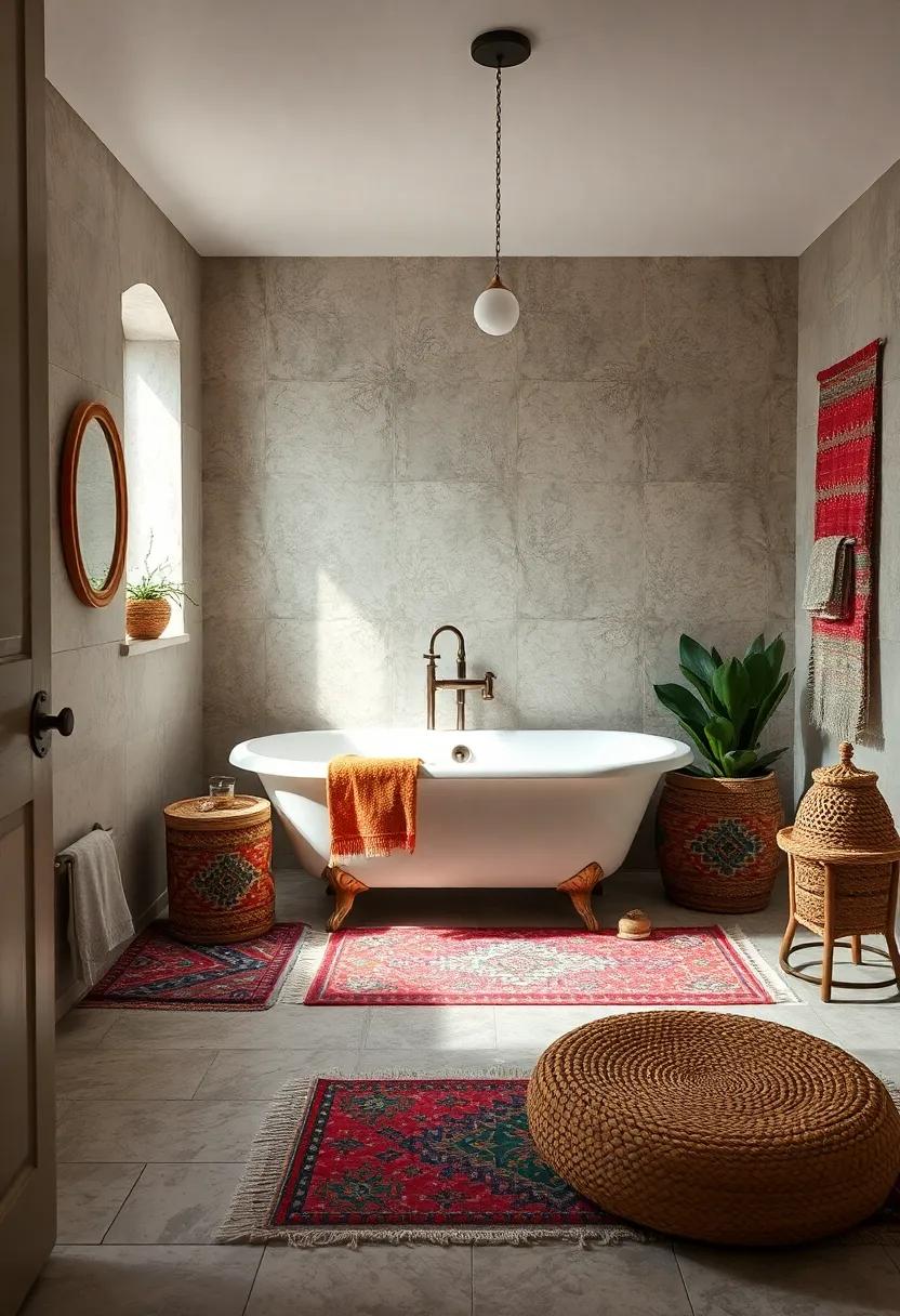 Vintage Boho Bathroom Vibes With A Clawfoot Tub Surrounded By Colorful Kilim Rugs And Painted Tiles