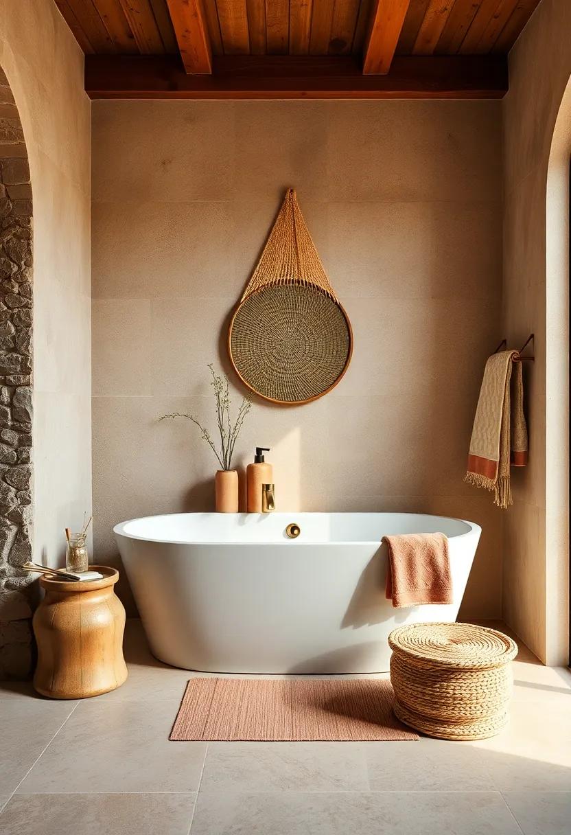 Warm Neutral Boho Bathroom Ambience With A Tub Flanked By Brass Fixtures And Handwoven Towel Holders