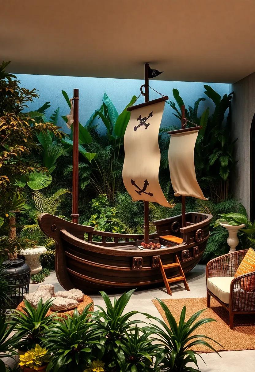 Showcasing The Pirate Ship Amid Lush Garden Foliage To Enhance The Sense Of Hidden Treasure Exploration
