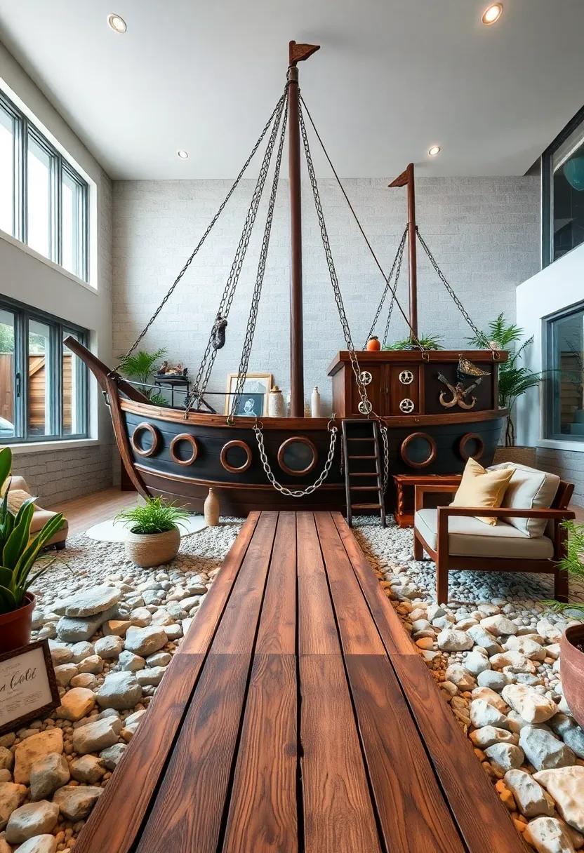 Creating A Pirate-Themed Walkway With Wooden Planks And Decorative Nautical Knots Leading To The Ship