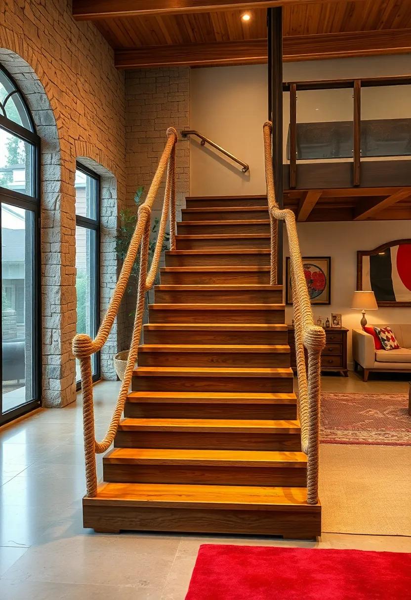 Constructing A Functional Ship Staircase With Authentic Rope Railings And Textured Wooden Steps