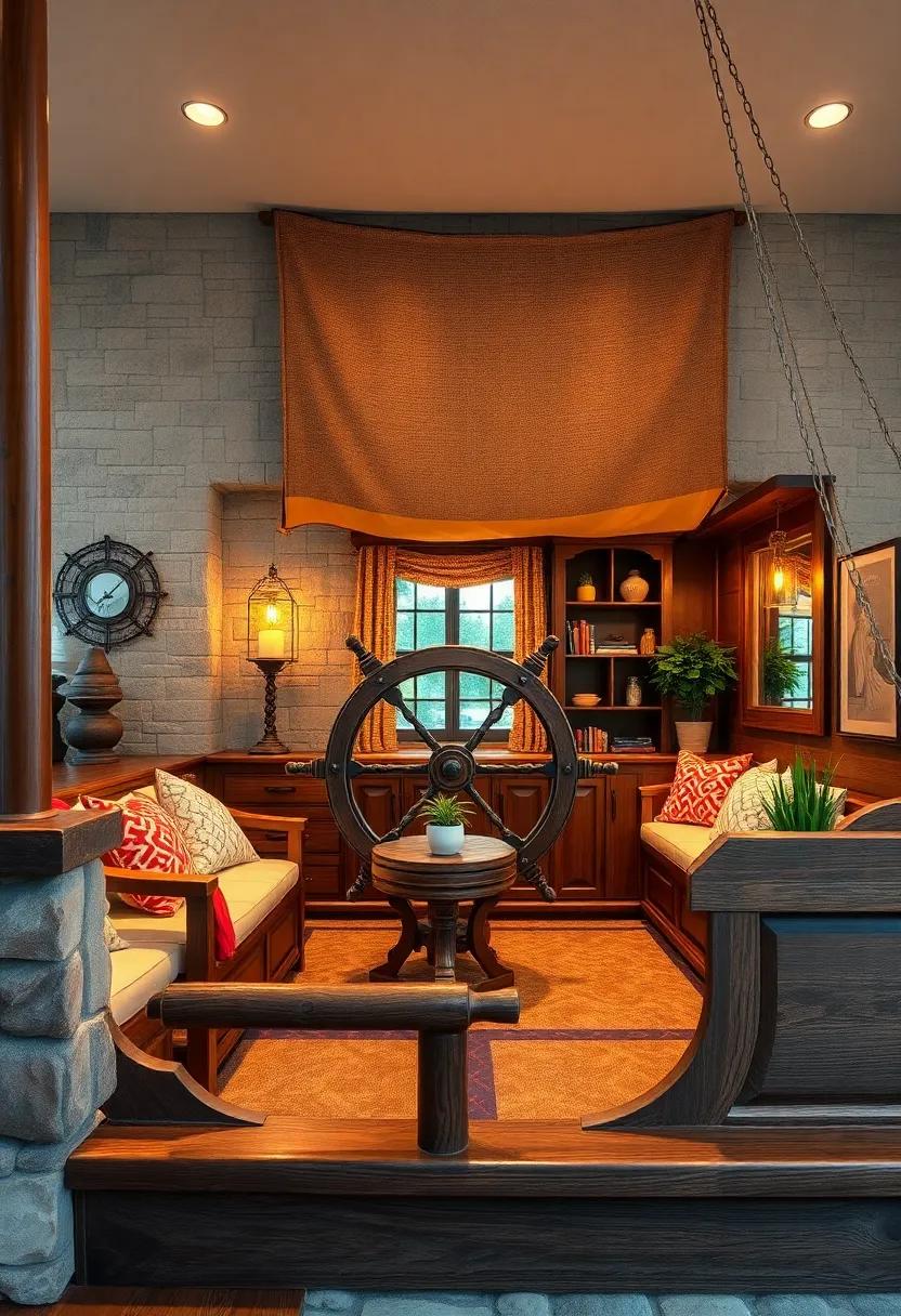 Detailing The Intricate Ship Wheel And Captain's Cabin With Rustic Hardware And Nautical Instruments