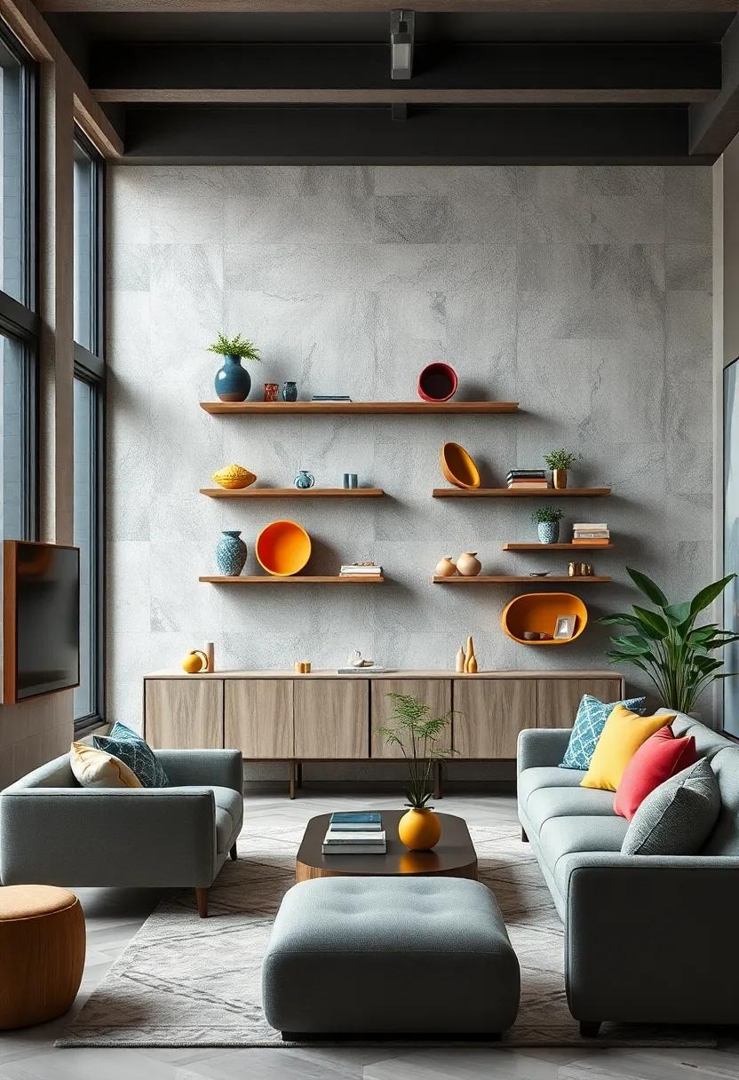 Eclectic Room Designs Featuring Vibrant Floating Shelves with Mixed Materials and Organic Shapes