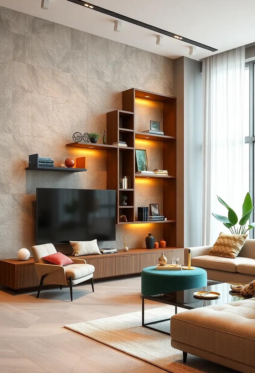 Abstract Artistic Storage Installations Using Sculptural Shelves and Multi-colored Interlocking Modules