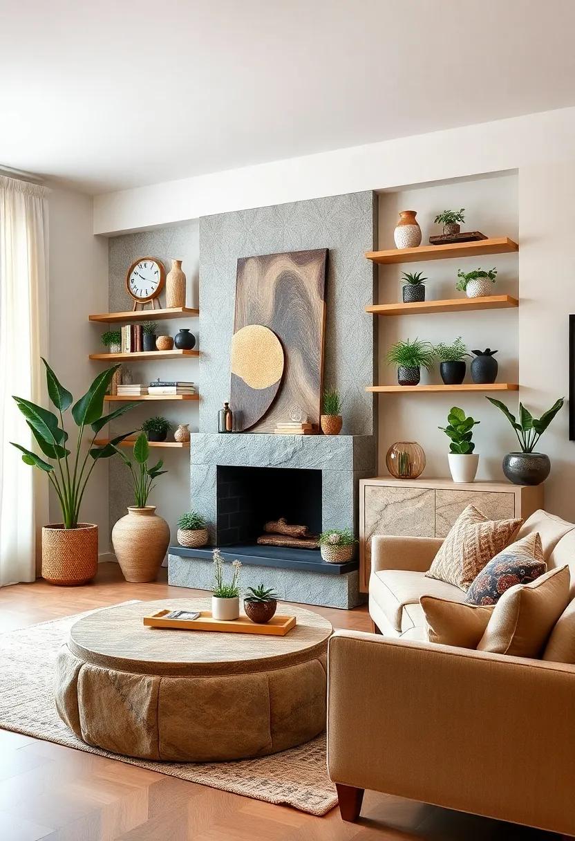 Nature Infused Storage Options Utilizing Driftwood Shelves and Stone Planter Cabinets in Earth Tones