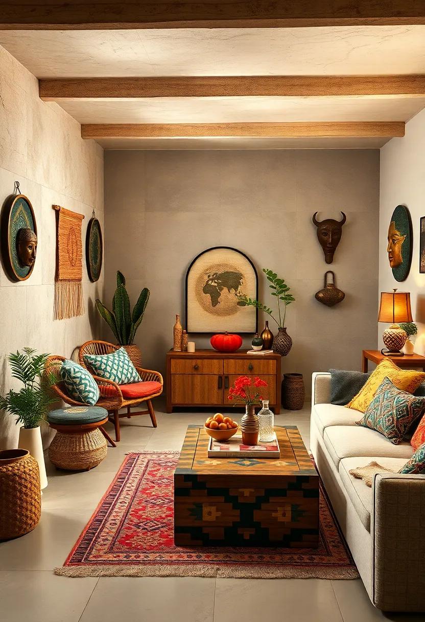 Global Eclectic Storage Spaces Featuring Handwoven Rugs, Tribal Masks, and Mixed Material Chests