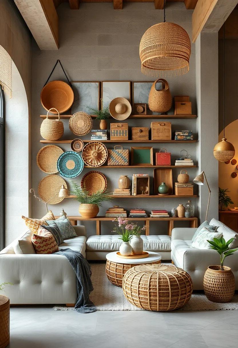 Bohemian Inspired Storage Walls Filled with Colorful Woven Baskets and Handmade Decorative Boxes