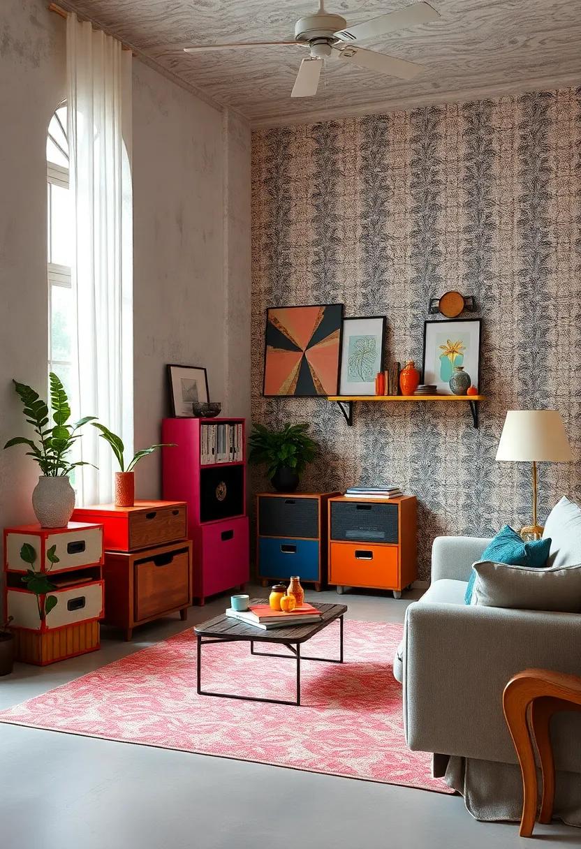 Funky Retro Storage Mix with Neon Accent Boxes, Vintage Record Holders, and Patterned Wallpaper Backdrops