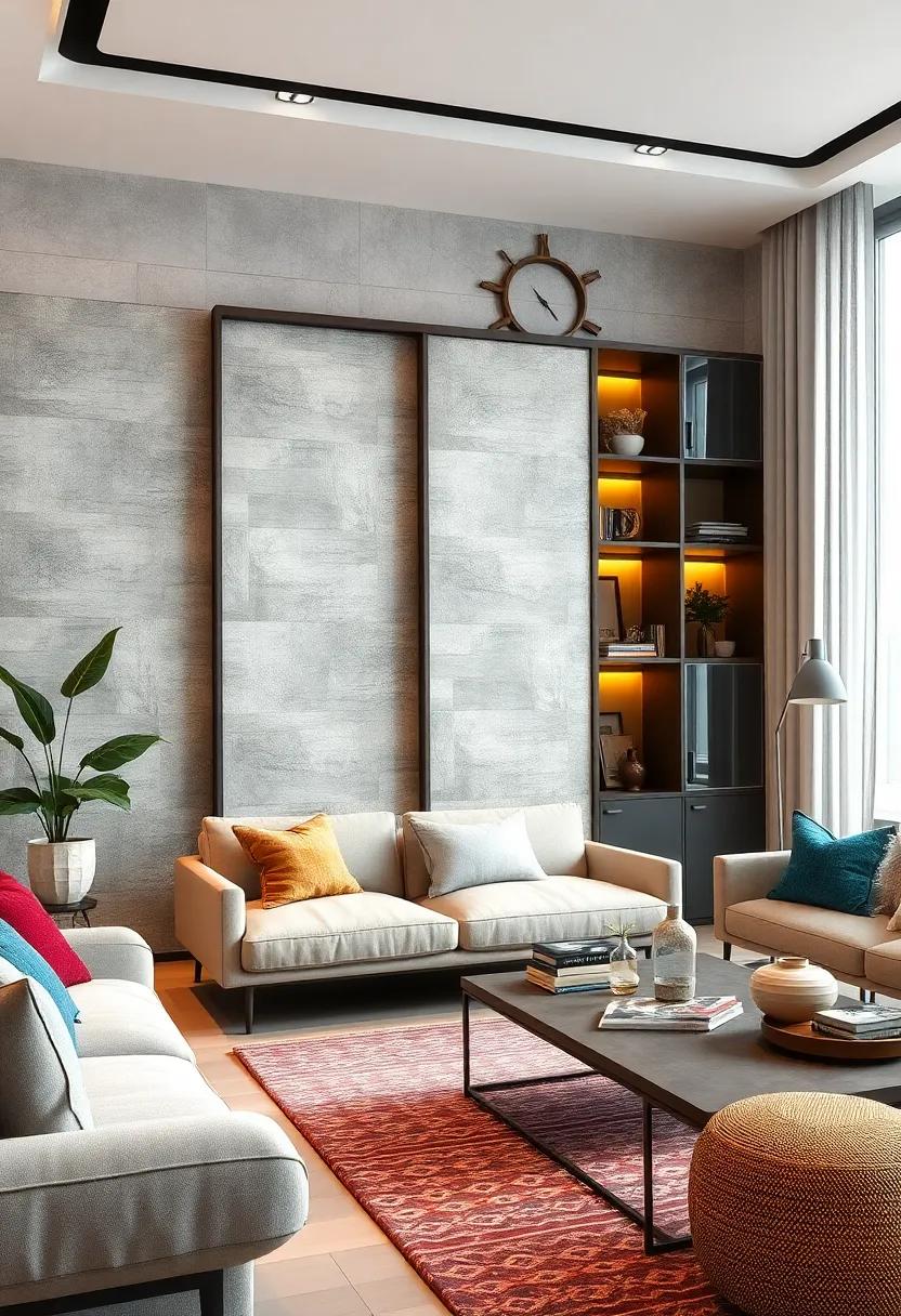 Space Maximizing Storage Walls Featuring Sliding Panels with Textured Tiles and Hidden Shelves