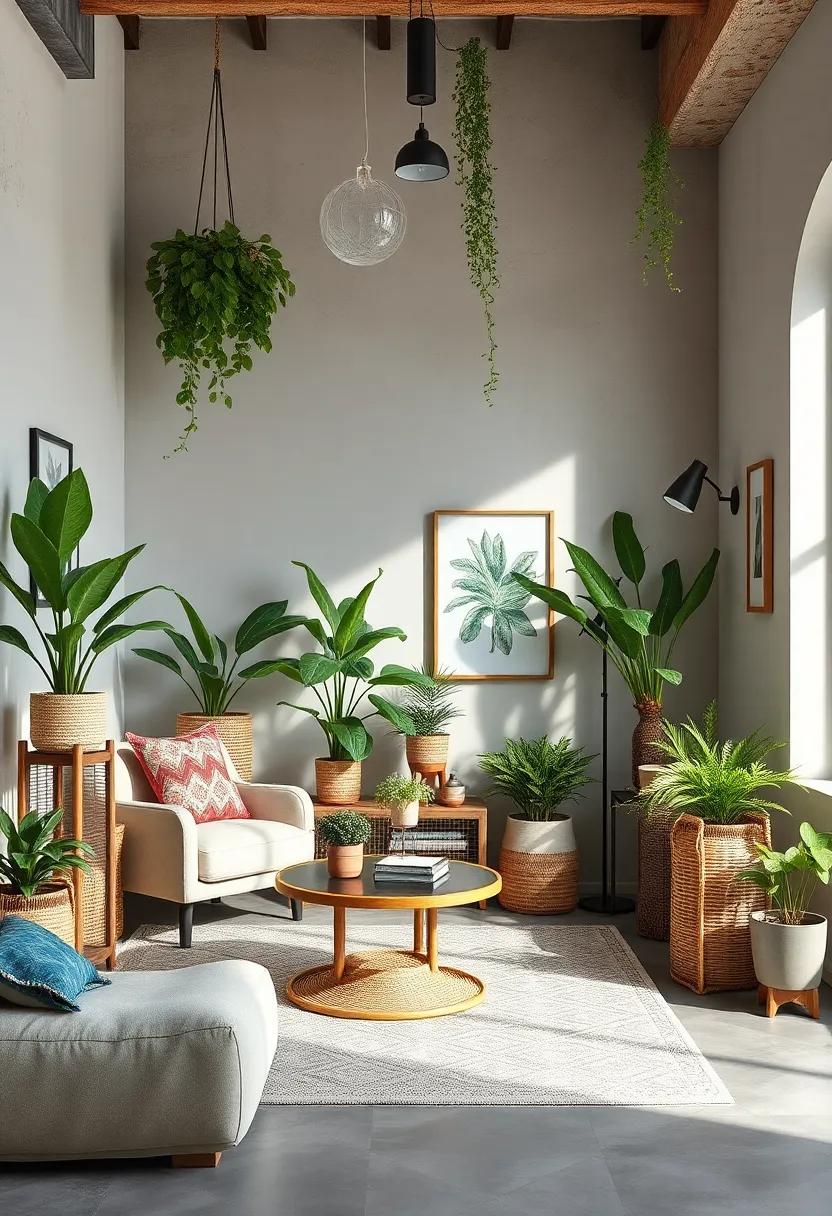 Urban Jungle Storage Corners Filled with Tiered Plant Stands, Rattan Containers, and Botanical Prints