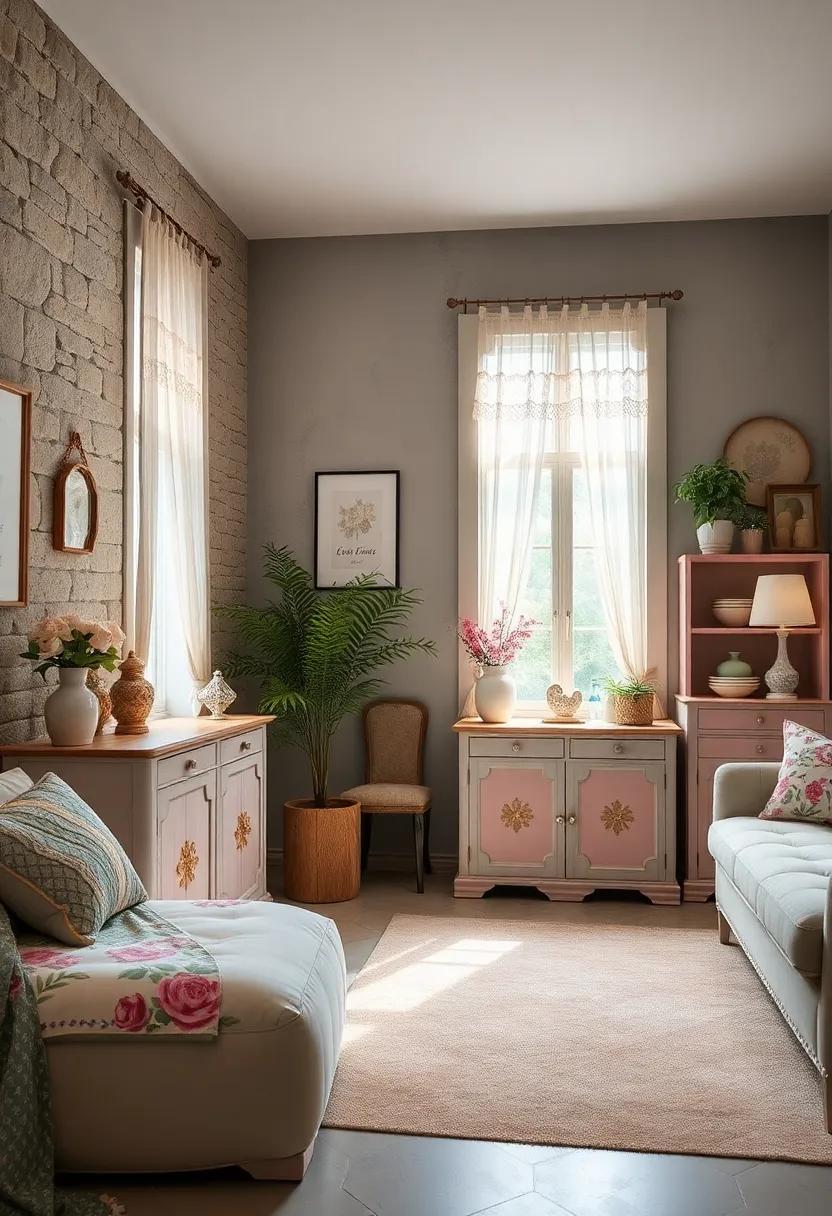 Soft Vintage Storage Features with Floral Motifs, Pastel Tones, and Delicate Lace Inlays
