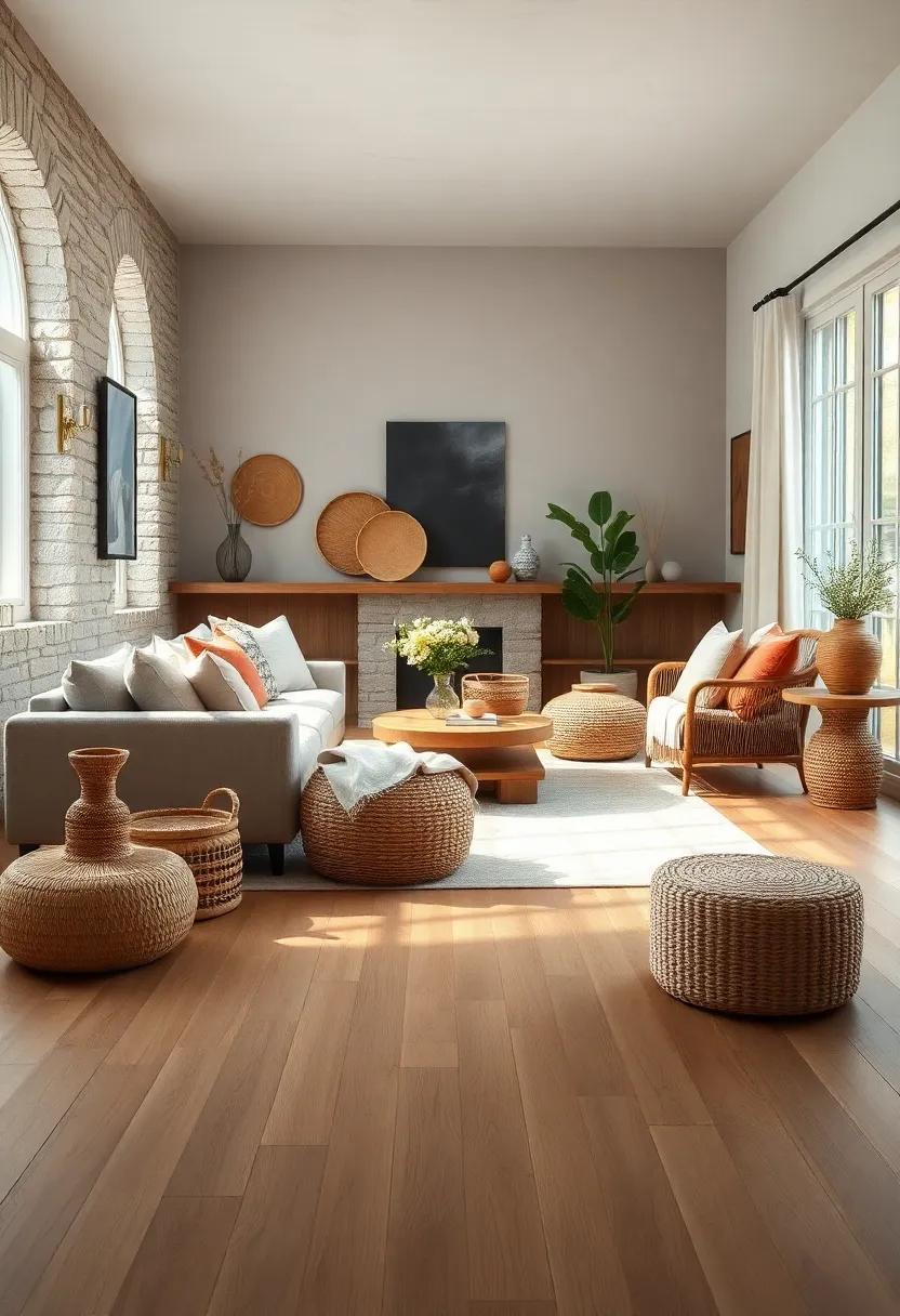 Handwoven Baskets and Linen Throws Adding Texture to A Farmhouse Living Room With Natural Wood Floors
