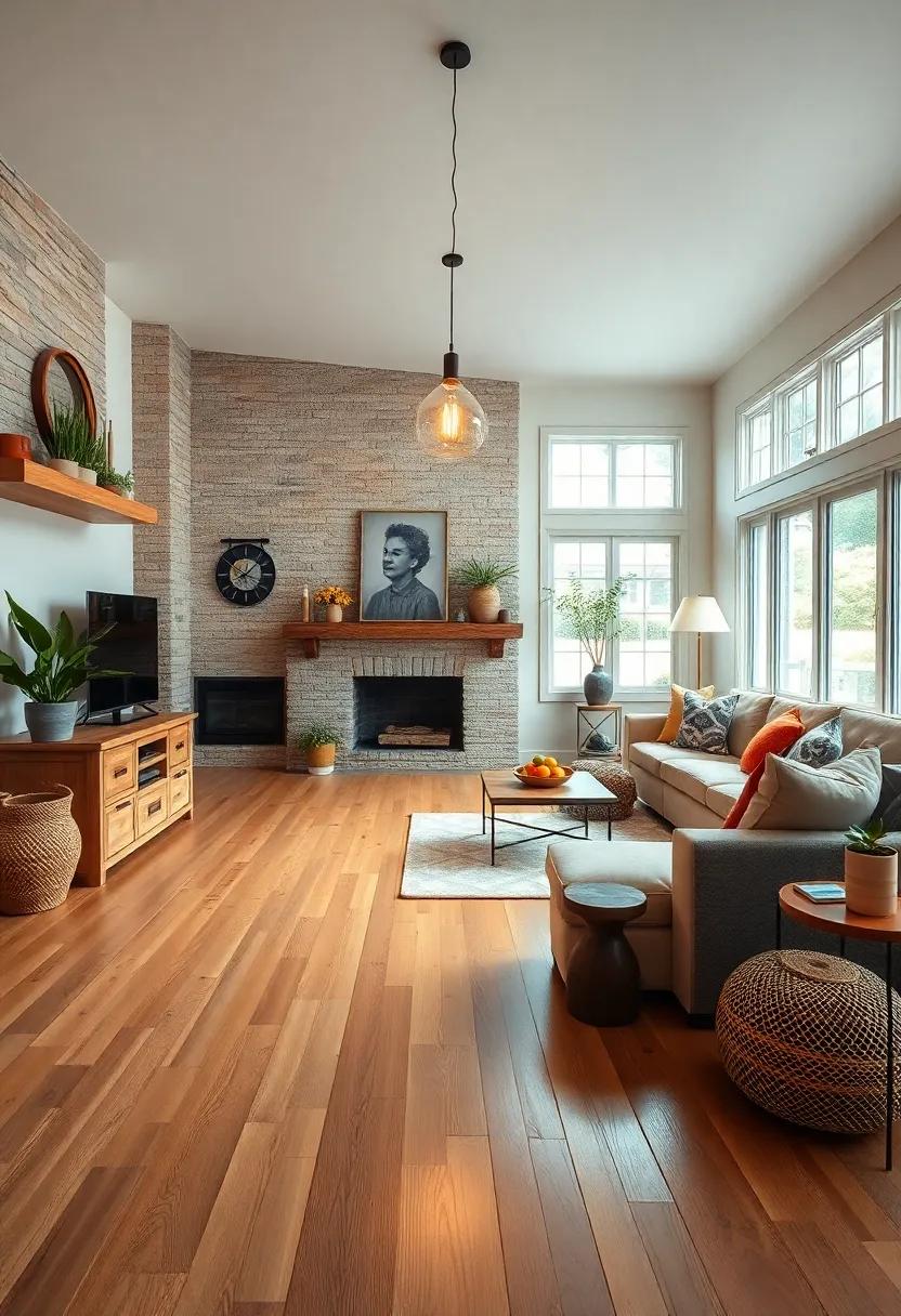 Natural Wood Floors Reflecting the Warm Glow of Pendant Lighting in a Cozy Farmhouse Interior